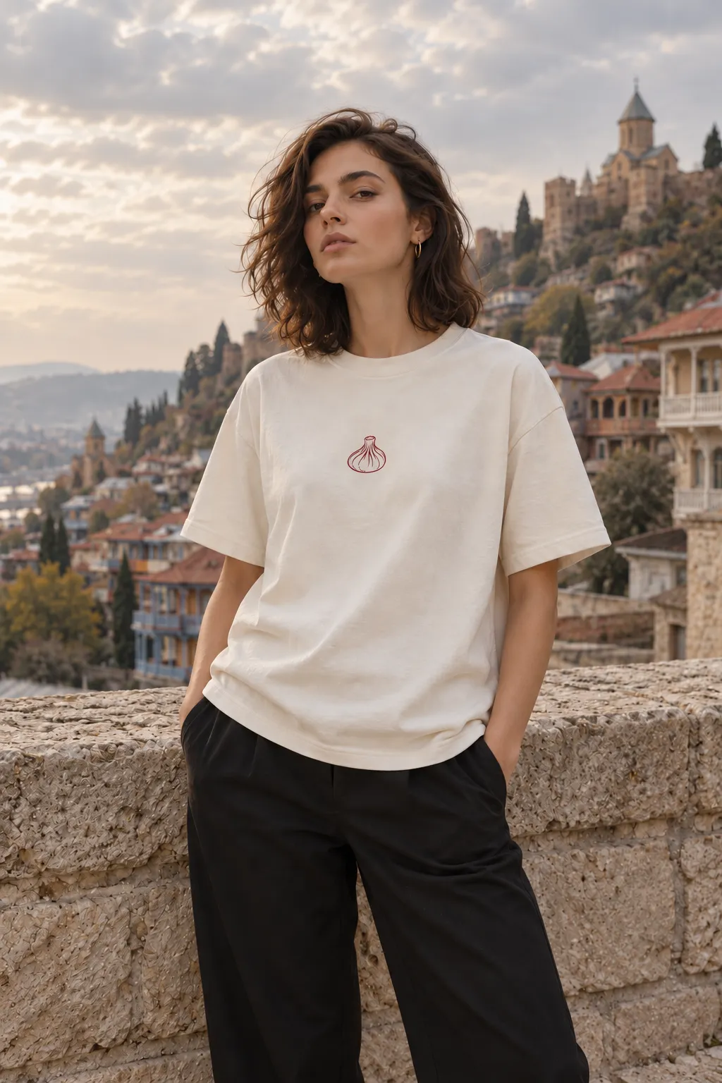 Woman wearing the ivory Khinkali Mark Tee in Tbilisi