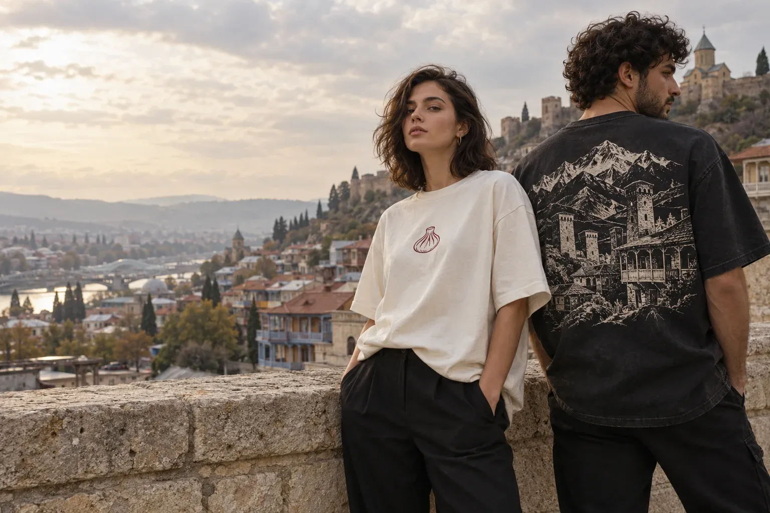 Two people in tees with Georgian designs on a stone wall above old Tbilisi